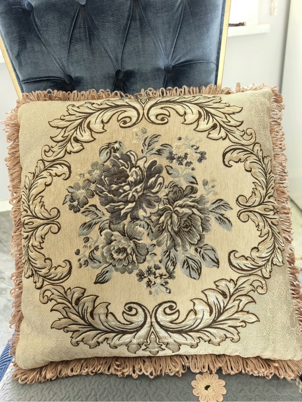 Neutral Floral Fringe Accent Pillow